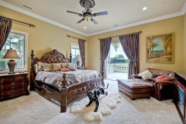 carpeted bedroom with access to exterior, ceiling fan, and crown molding