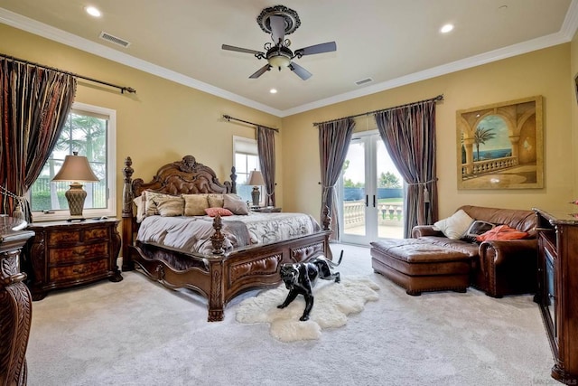 carpeted bedroom with access to outside, ornamental molding, french doors, and ceiling fan