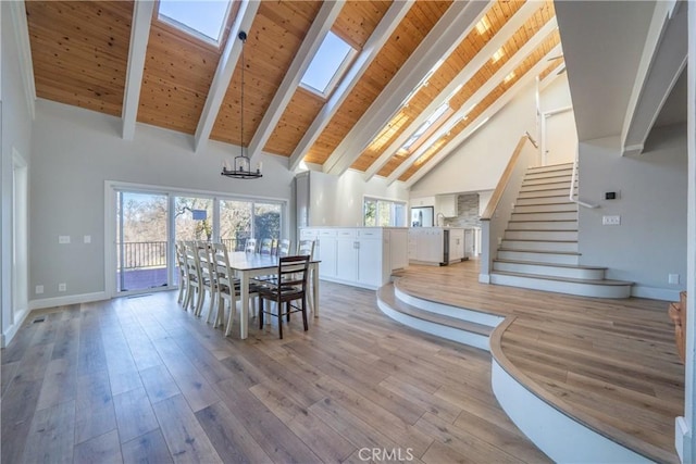 dining space with high vaulted ceiling, a skylight, wood ceiling, light wood-style floors, and stairs