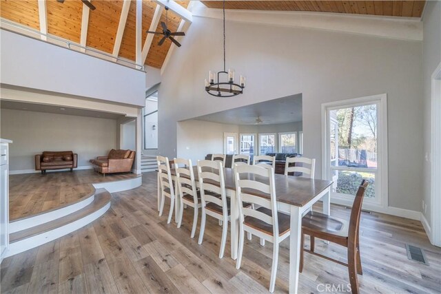 dining space with ceiling fan with notable chandelier, wood ceiling, beamed ceiling, light wood-type flooring, and high vaulted ceiling