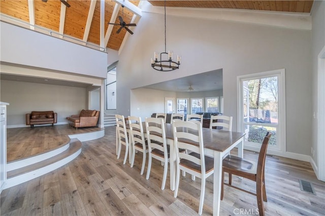 dining room with baseboards, visible vents, light wood-style floors, high vaulted ceiling, and ceiling fan with notable chandelier