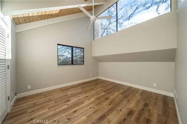 additional living space featuring hardwood / wood-style floors, beamed ceiling, high vaulted ceiling, ceiling fan, and wooden ceiling