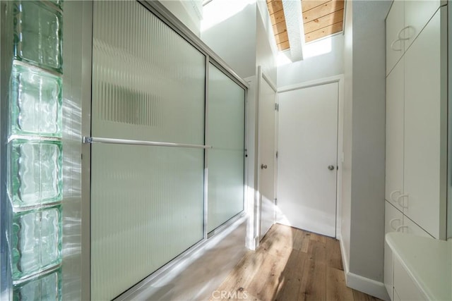 bathroom featuring a skylight and wood finished floors