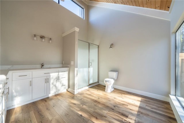 bathroom with toilet, a stall shower, wood finished floors, high vaulted ceiling, and baseboards