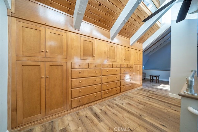 bonus room with light wood-style floors, wood ceiling, lofted ceiling with beams, and baseboards