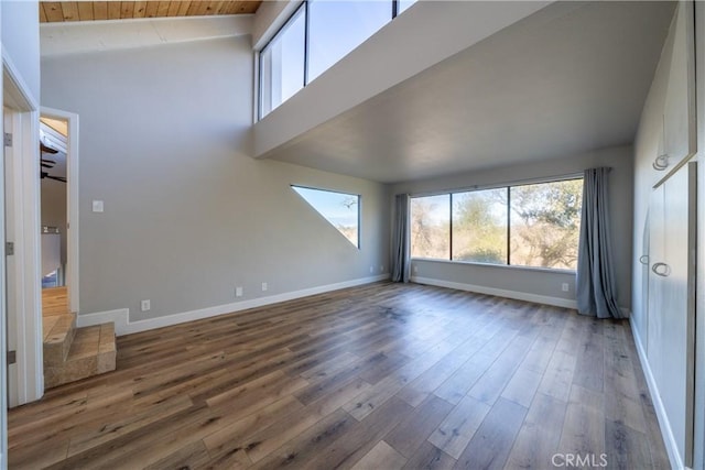 unfurnished living room featuring high vaulted ceiling, wooden ceiling, and dark hardwood / wood-style floors