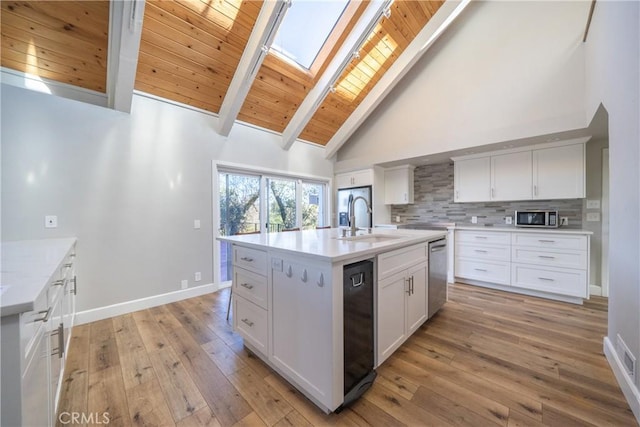 kitchen with decorative backsplash, a skylight, stainless steel appliances, white cabinets, and wooden ceiling