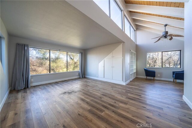 unfurnished living room with ceiling fan, high vaulted ceiling, wood ceiling, and hardwood / wood-style floors