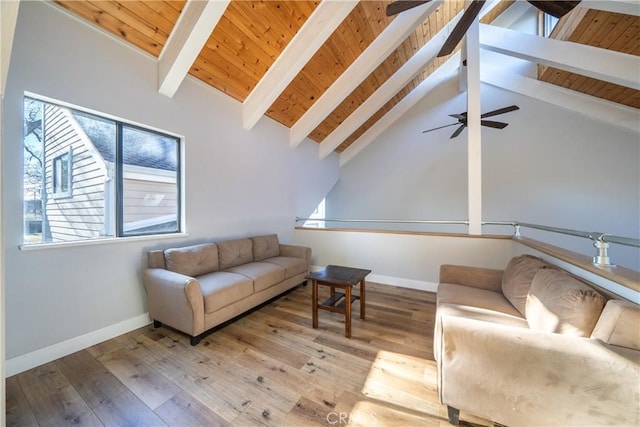 living room featuring beam ceiling, light wood-type flooring, a wealth of natural light, and wooden ceiling