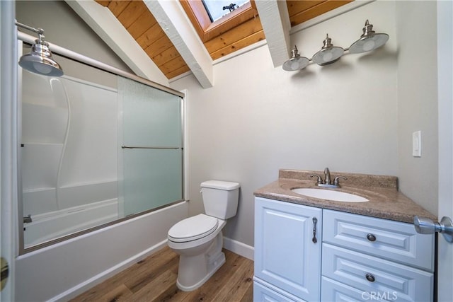 full bathroom featuring toilet, vanity, bath / shower combo with glass door, lofted ceiling with skylight, and wooden ceiling