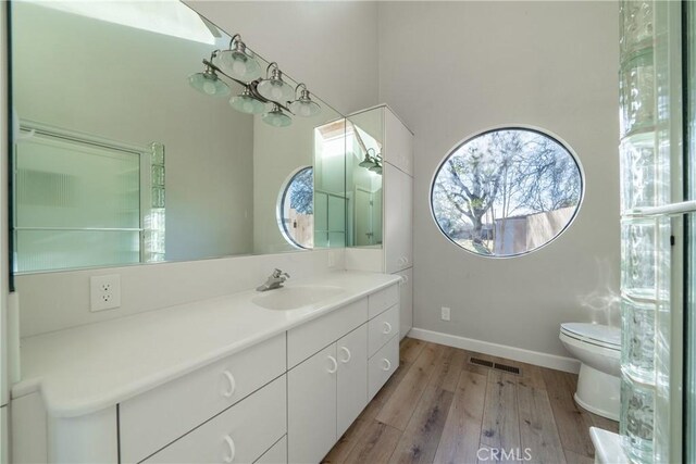 bathroom featuring toilet, wood-type flooring, and vanity