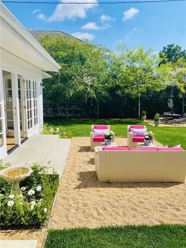 exterior space with french doors and outdoor lounge area