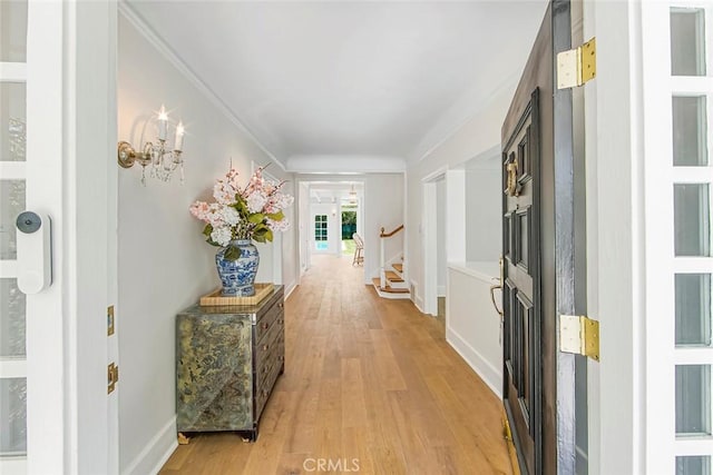 hall featuring crown molding and light hardwood / wood-style floors