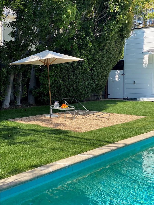 view of pool with a yard