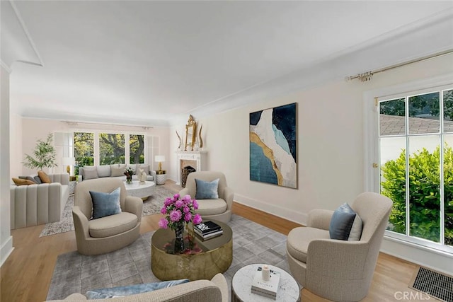 living room with a wealth of natural light and light hardwood / wood-style floors