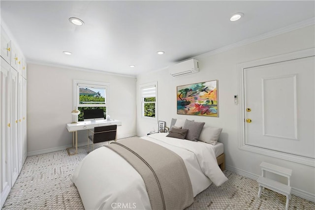 bedroom featuring a wall mounted AC and crown molding