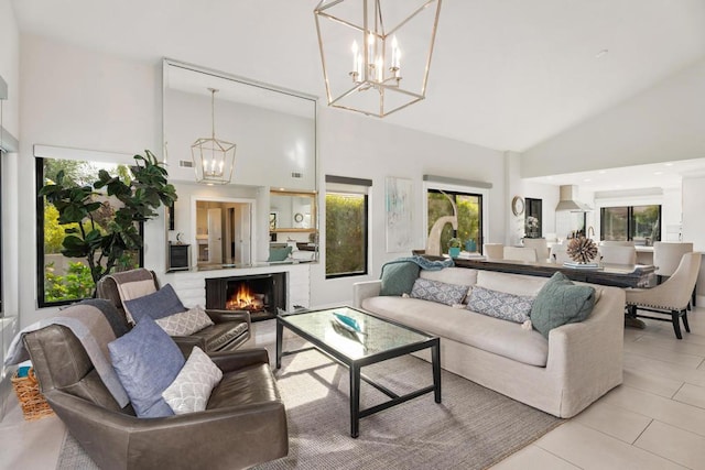 tiled living room featuring high vaulted ceiling