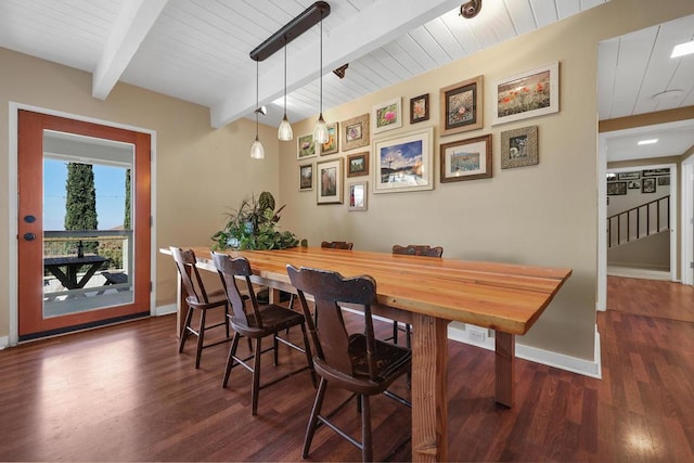 dining room featuring dark wood-type flooring, beam ceiling, and wooden ceiling