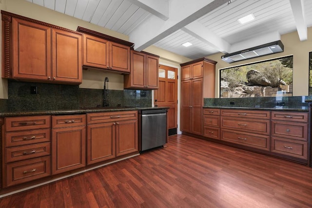 kitchen featuring beamed ceiling, dishwasher, tasteful backsplash, dark stone counters, and dark wood-type flooring