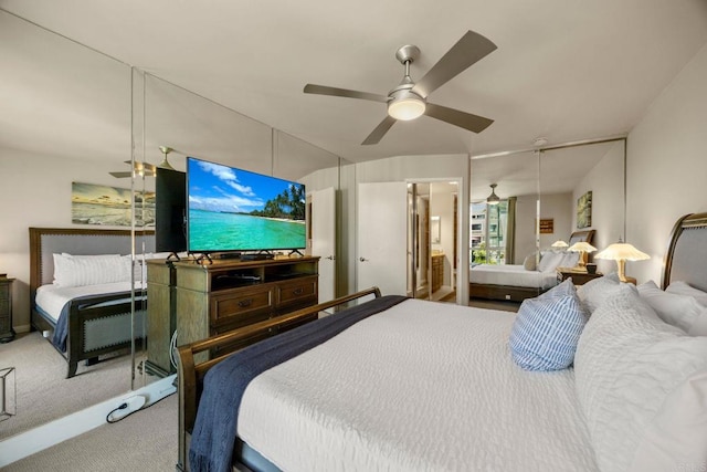 bedroom with ceiling fan and carpet