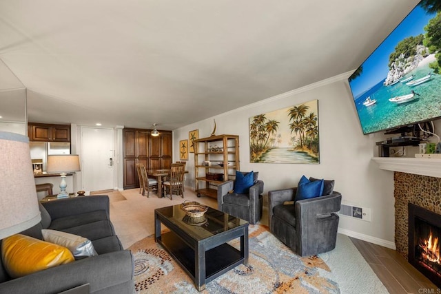 living room featuring light hardwood / wood-style floors, crown molding, and a fireplace