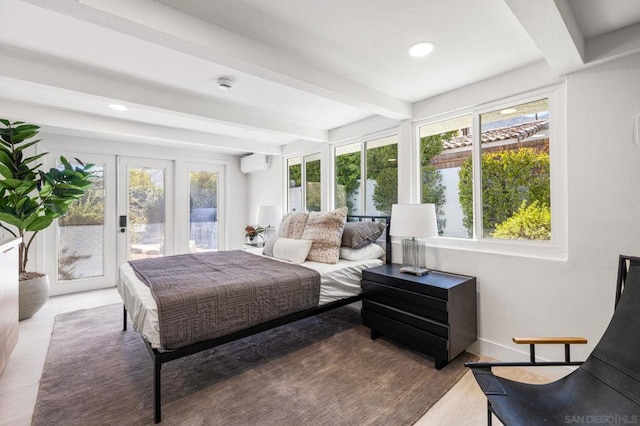 bedroom with french doors, beam ceiling, access to outside, and an AC wall unit