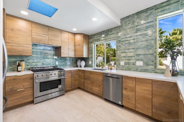 kitchen with decorative backsplash, sink, a skylight, and stainless steel appliances