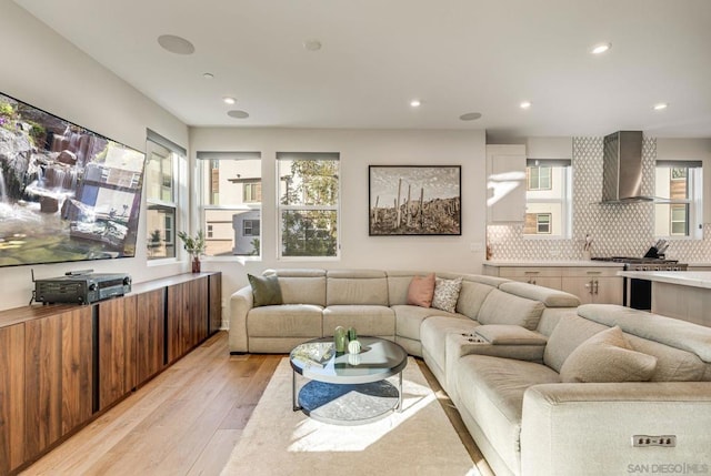 living room featuring light wood-type flooring and plenty of natural light