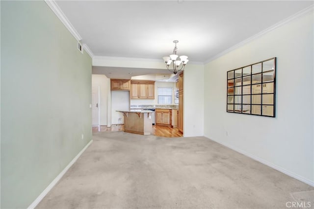 unfurnished living room featuring light colored carpet, a notable chandelier, visible vents, and ornamental molding