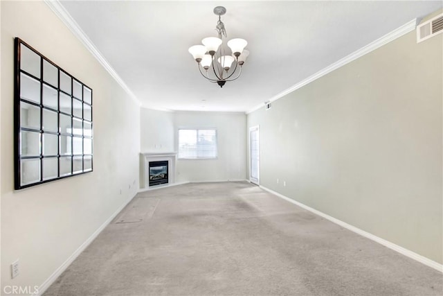 unfurnished living room featuring light carpet, crown molding, and a notable chandelier