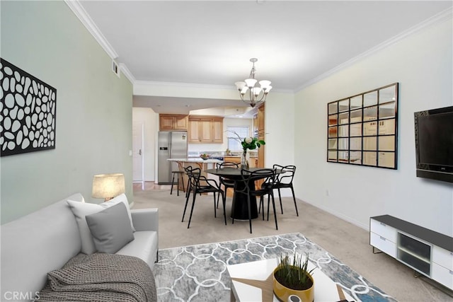 dining space with a chandelier, visible vents, light colored carpet, and ornamental molding