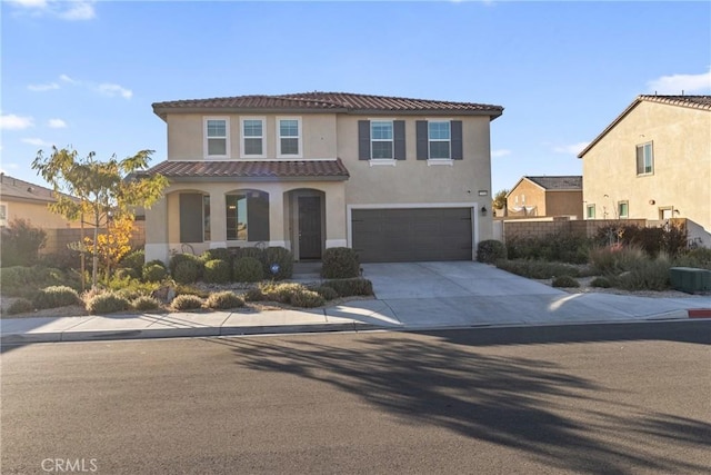 mediterranean / spanish house with central AC unit and a garage