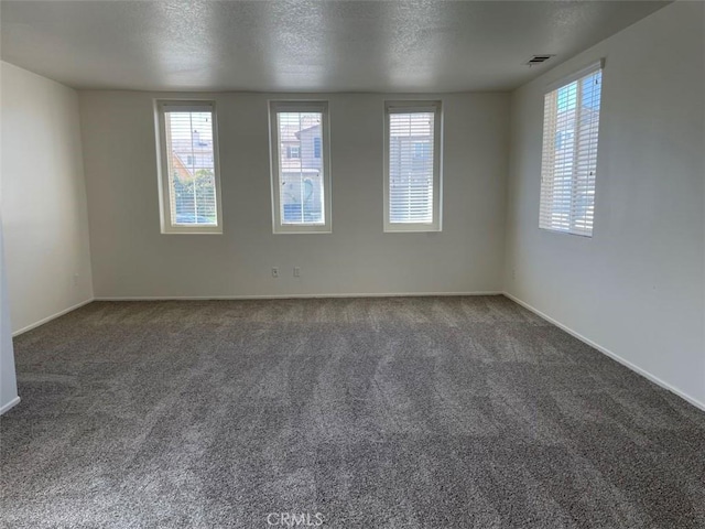 unfurnished room with a textured ceiling and carpet flooring