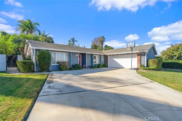 single story home featuring a front yard and a garage