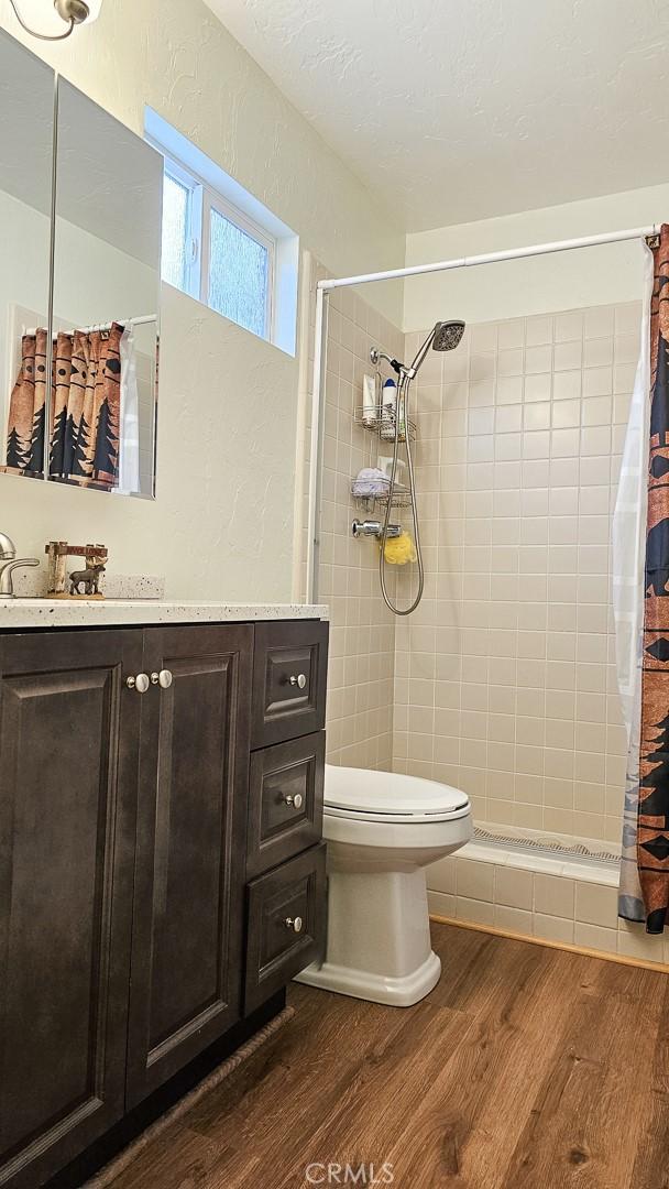 bathroom featuring toilet, vanity, curtained shower, and hardwood / wood-style flooring