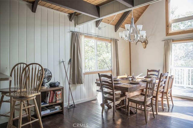 dining room featuring wooden ceiling, dark wood-type flooring, lofted ceiling with beams, and an inviting chandelier