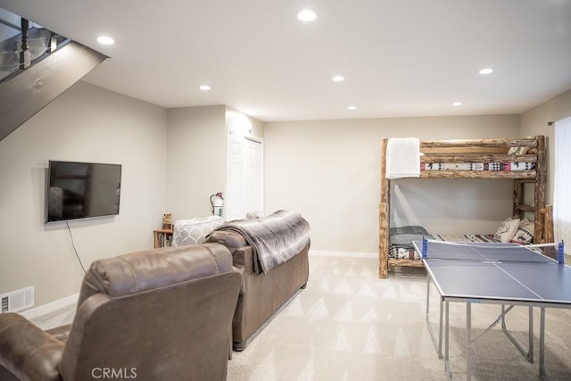 living room with light colored carpet