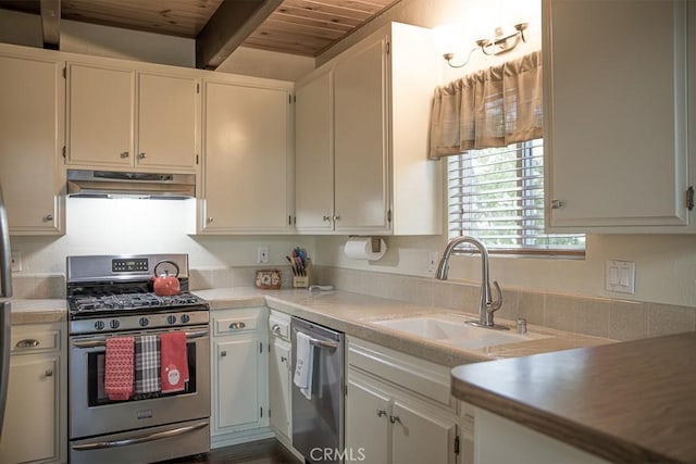 kitchen with appliances with stainless steel finishes, wood ceiling, white cabinetry, and sink