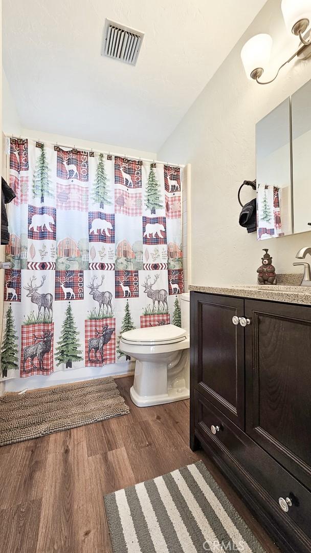 bathroom with toilet, walk in shower, hardwood / wood-style floors, and vanity