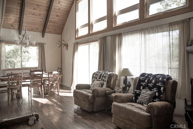 living room featuring hardwood / wood-style floors, a wealth of natural light, wood ceiling, beamed ceiling, and a notable chandelier