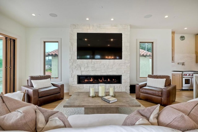 living room with a fireplace and light hardwood / wood-style floors