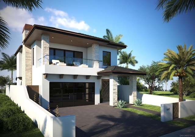 contemporary home featuring a balcony and a garage