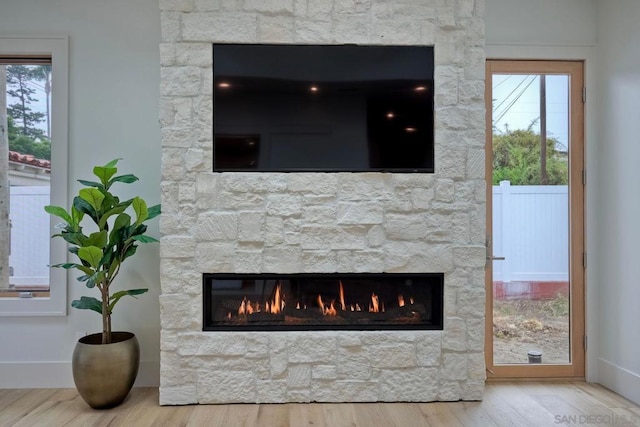 room details with wood-type flooring and a stone fireplace