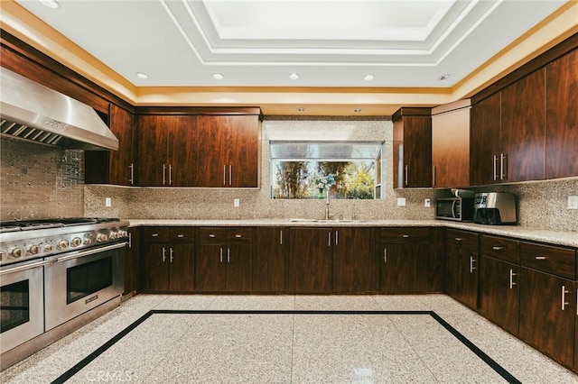 kitchen featuring wall chimney range hood, decorative backsplash, sink, and stainless steel appliances