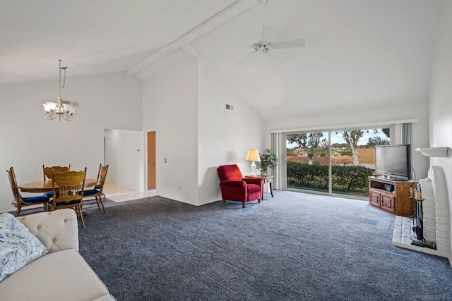 carpeted living room featuring beam ceiling, ceiling fan with notable chandelier, and high vaulted ceiling