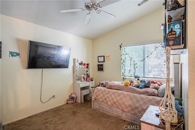 bedroom featuring ceiling fan, carpet floors, and lofted ceiling