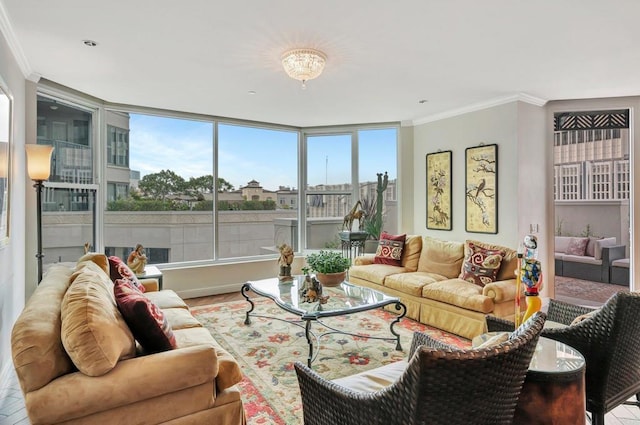 living room with hardwood / wood-style flooring and ornamental molding