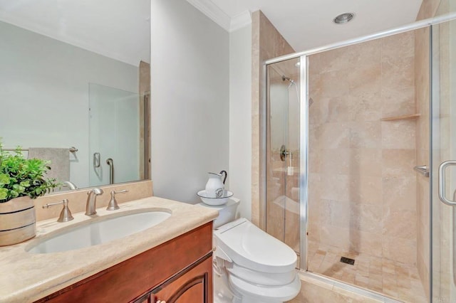 bathroom featuring walk in shower, vanity, toilet, and ornamental molding