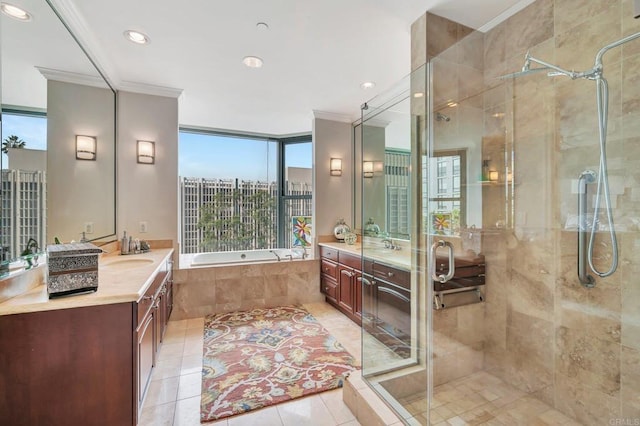 bathroom featuring vanity, crown molding, and plus walk in shower