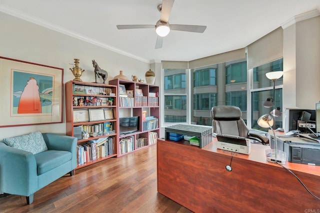 home office with ceiling fan, hardwood / wood-style floors, and ornamental molding